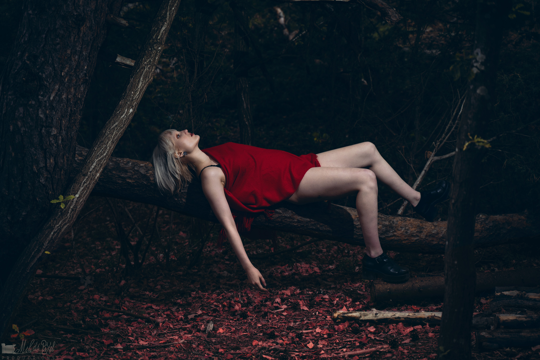 Girl in red lying on a tree in forest